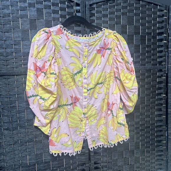 Farm Rio Pink Yellow Banana Print Blouse Size Large - Picture 11 of 11